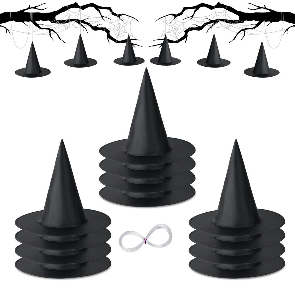2808 12 PCS Halloween Witch Hat, Black Hanging Witch Hat Costume